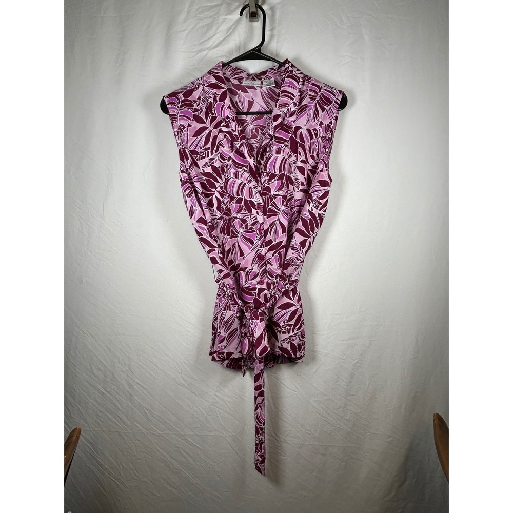 Jaclyn Smith Blouse Women Large Pink Tropical Leaf Sleeveless Waist Tie‎